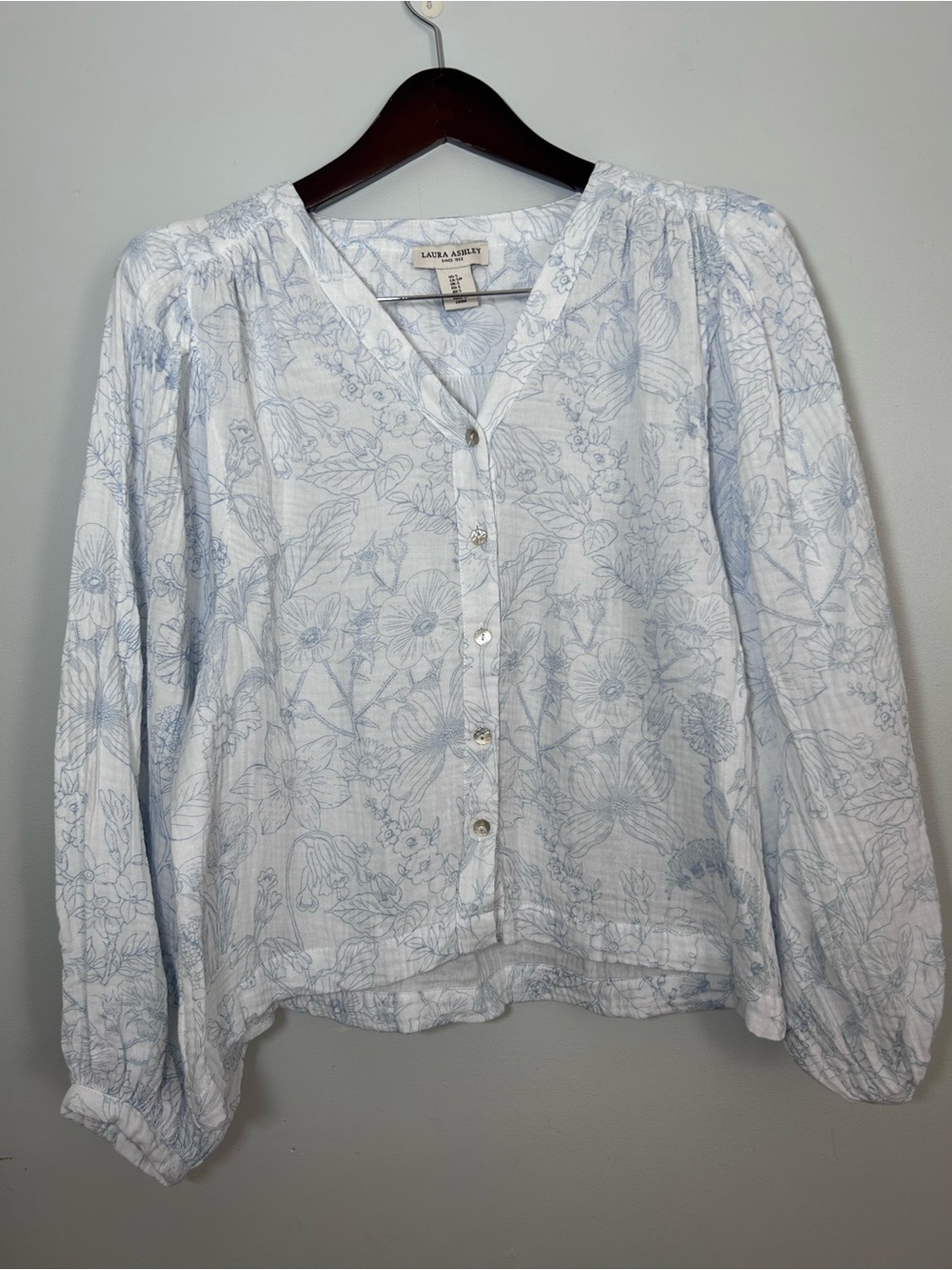 Laura Ashley White Gauze Blouse with Light Blue Floral Print S